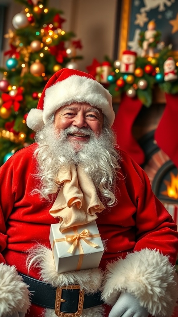 A cheerful Santa Claus surrounded by Christmas decorations and a tree.